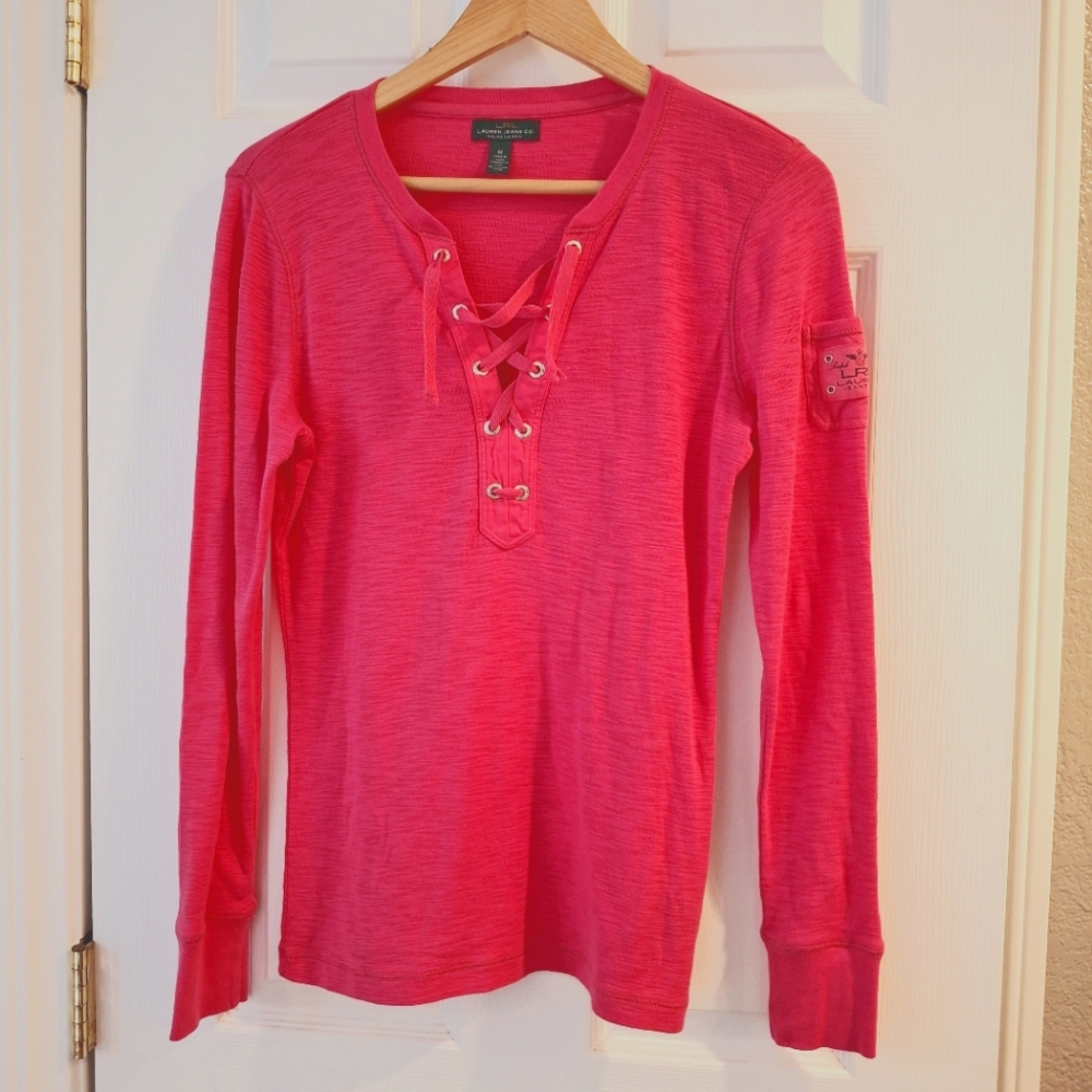 LRL Lauren Jeans Co Womens Medium Blue V Neck Lace Up Long Sleeve Pullover Shirt